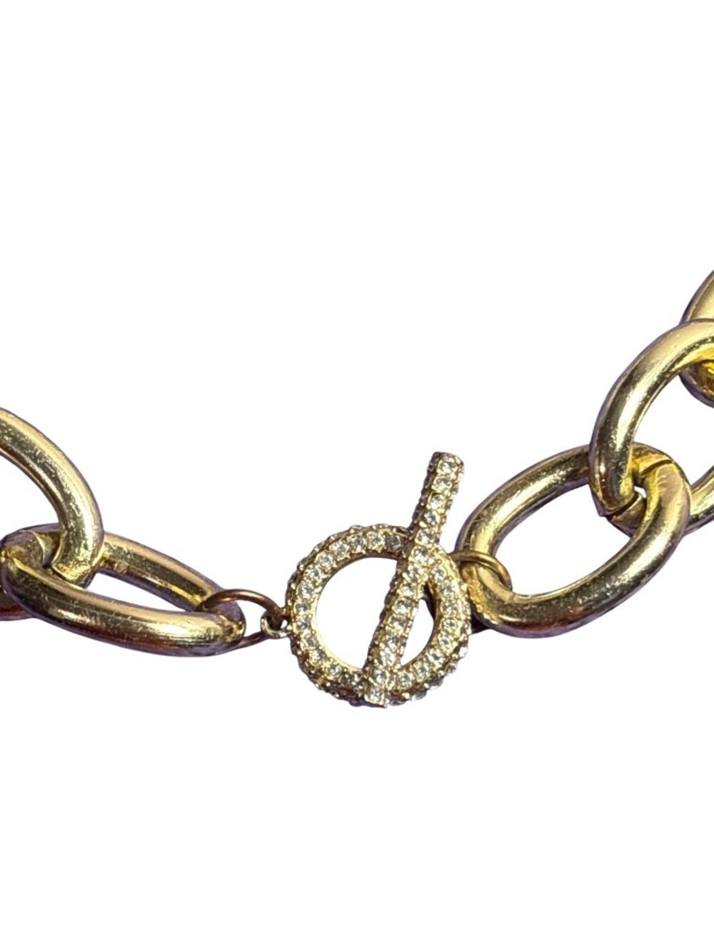 Chunky Goldtone Chain Necklace Clear Rhinestone Pave Toggle Clasp 18 inches Long